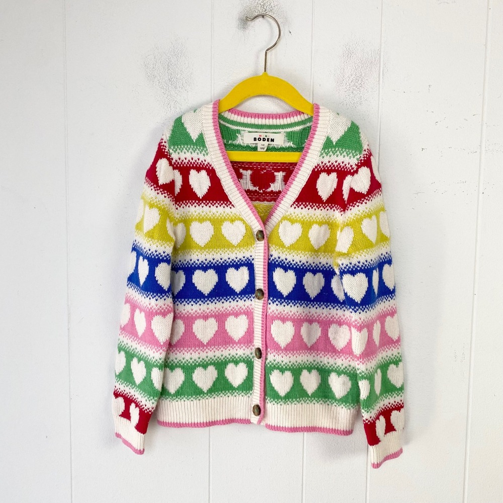 Mini Boden Girls Rainbow Heart Cardigan Sweater Multi Color Striped Size 7-8Y